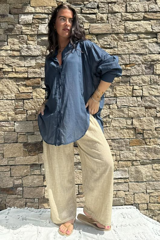 Shayle Indian Cotton Boyfriend Beach Shirt Navy
